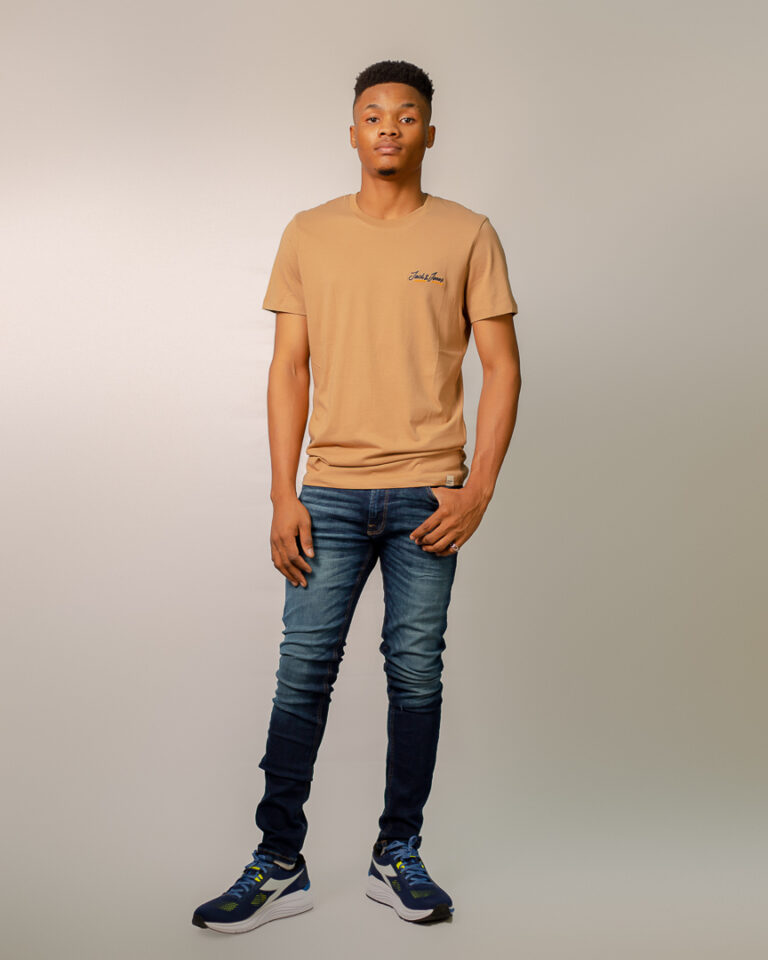 JACK AND JONES BROWN TSHIRT AND DARK BLUE DENIM GSF SPORTS